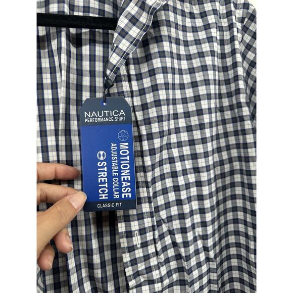 Nautica Dark Blue Plaid Stretch Button Up Dress Shirt Mens 15 32/33 M Adj Collar - Picture 2 of 8